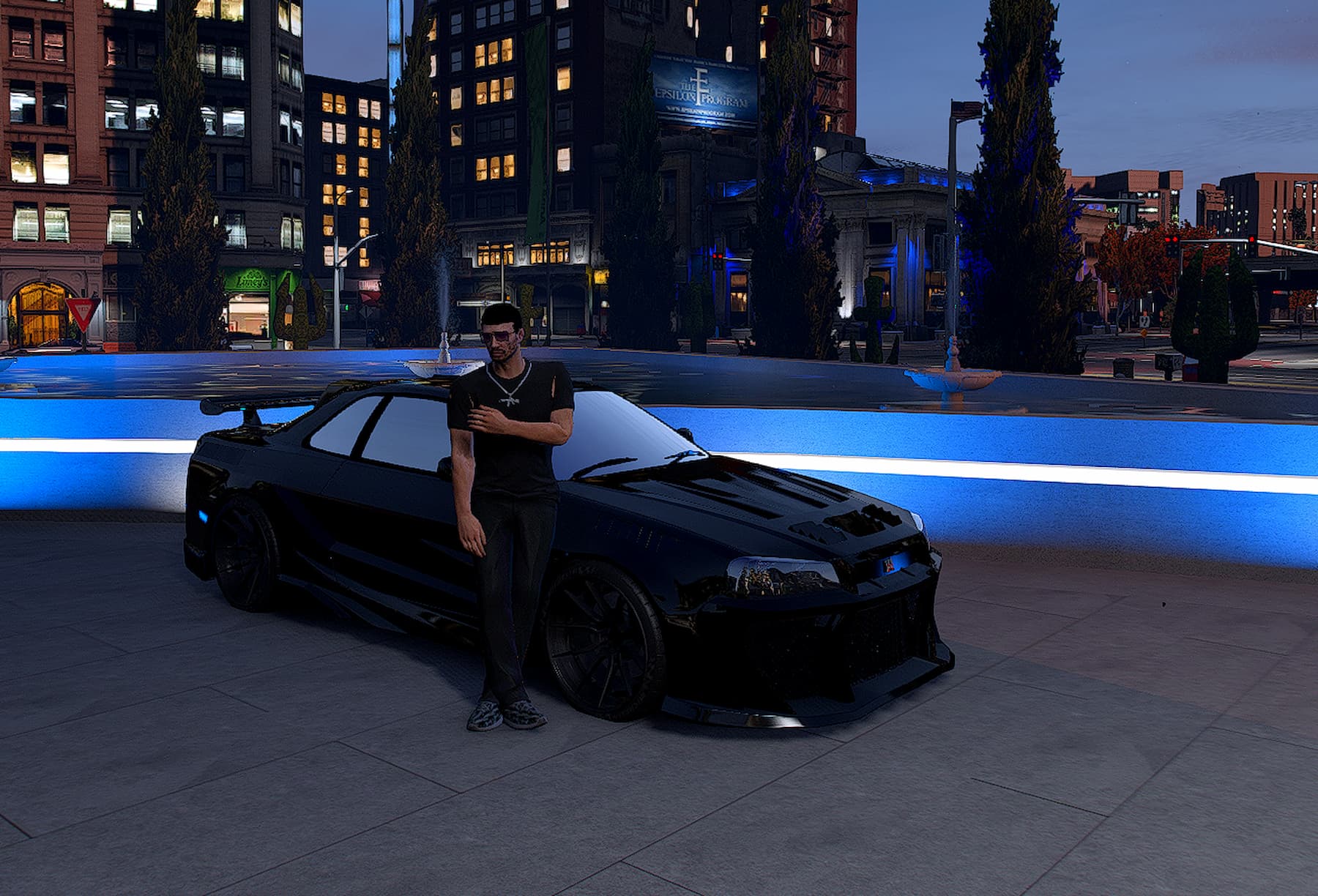 Skyline R34 at night downtown